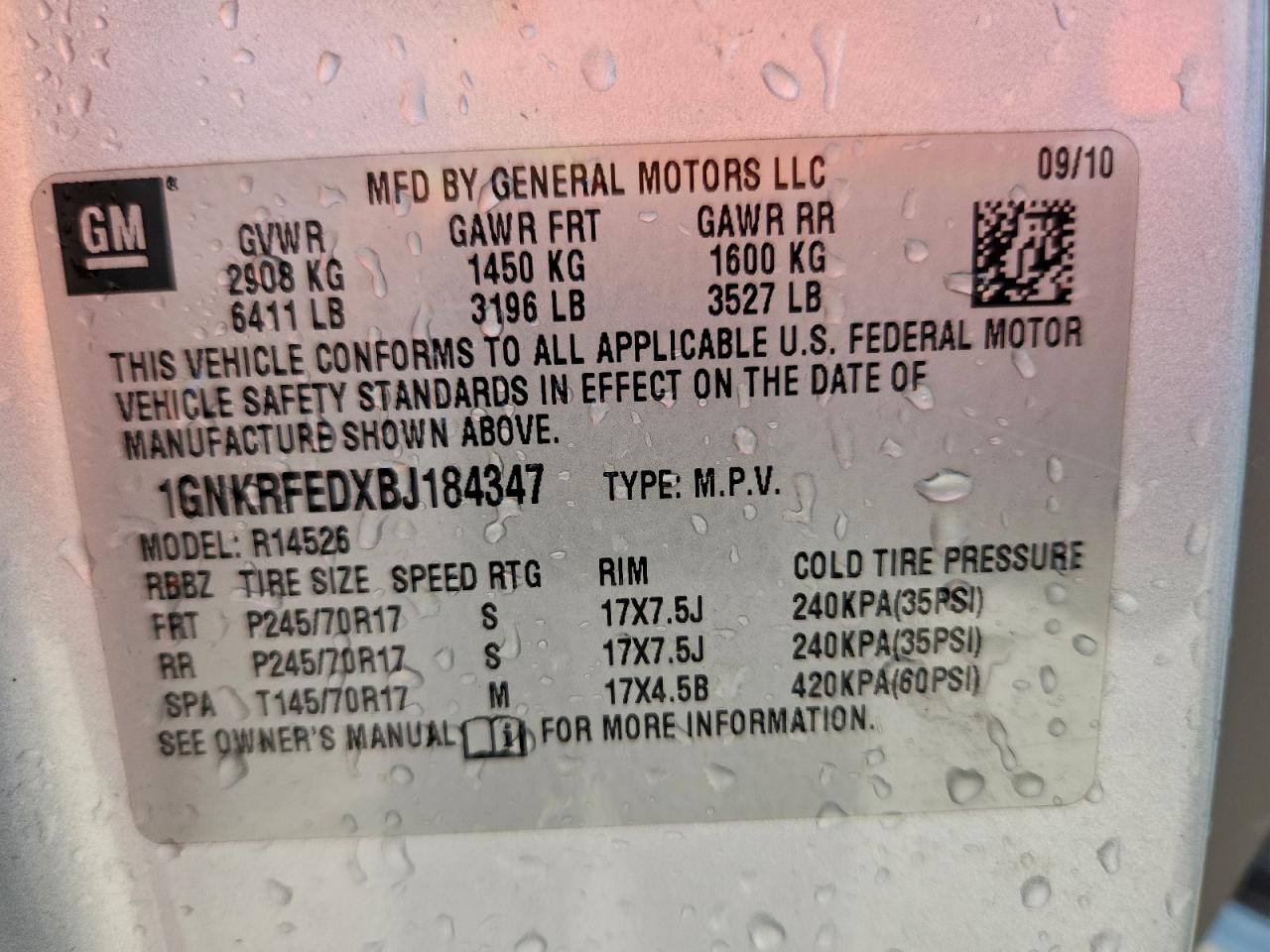 2011 Chevrolet Traverse Ls VIN: 1GNKRFEDXBJ184347 Lot: 94185165