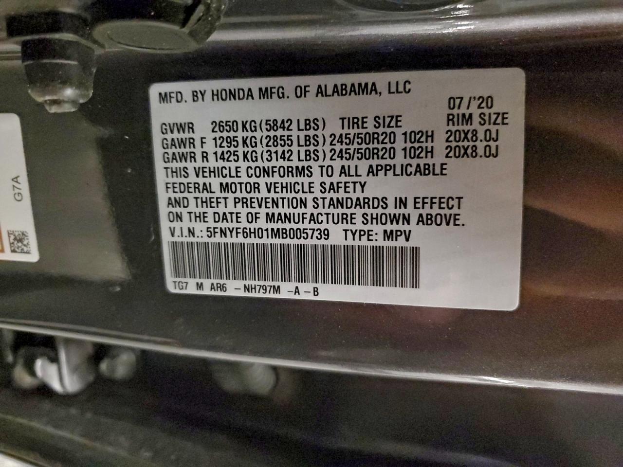 2021 Honda Pilot Elite VIN: 5FNYF6H01MB005739 Lot: 93905775