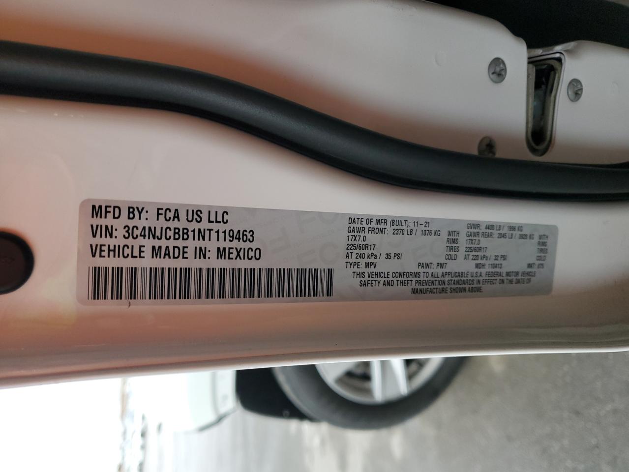 2022 Jeep Compass Latitude VIN: 3C4NJCBB1NT119463 Lot: 92921305