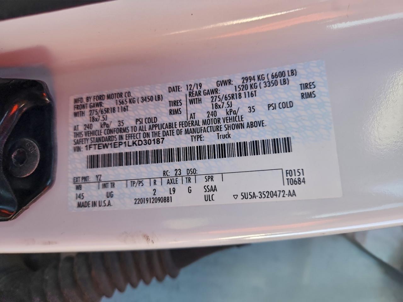 2020 Ford F150 Supercrew VIN: 1FTEW1EP1LKD30187 Lot: 93655155