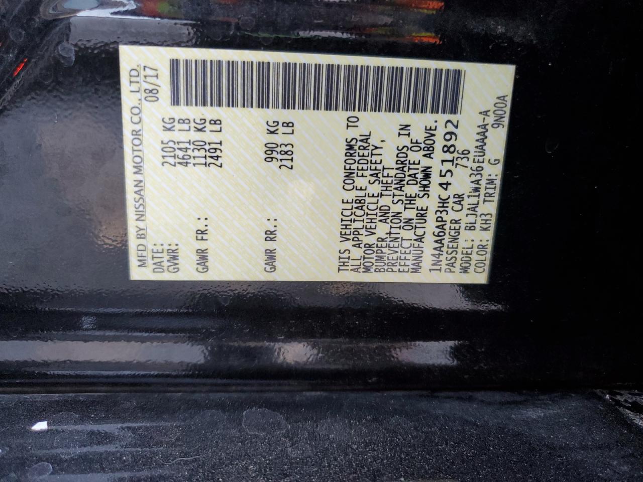 2017 Nissan Maxima 3.5S VIN: 1N4AA6AP3HC451892 Lot: 89533115