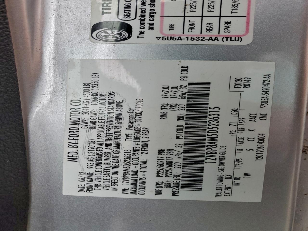 2013 Ford Mustang VIN: 1ZVBP8AM5D5236315 Lot: 92731705