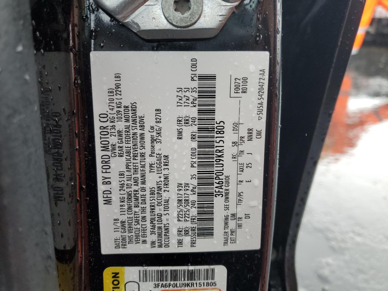 2019 Ford Fusion Se VIN: 3FA6P0LU9KR151805 Lot: 92947125