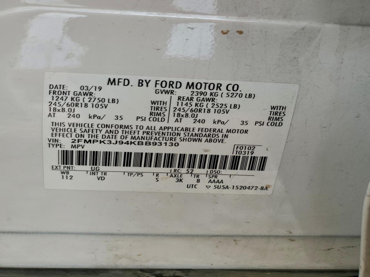 2019 Ford Edge Sel VIN: 2FMPK3J94KBB93130 Lot: 93904055