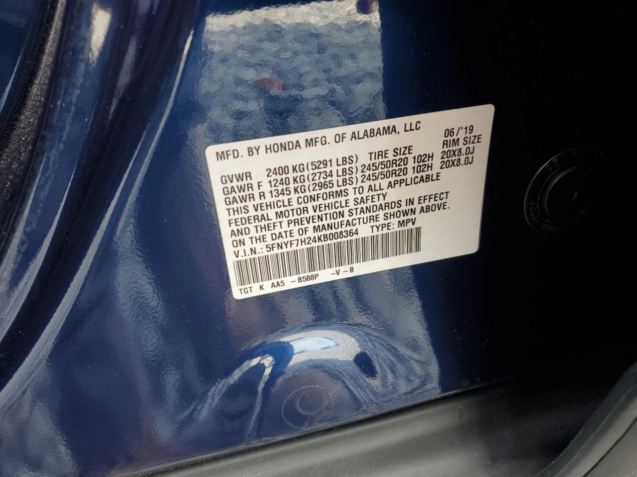 2019 Honda Passport Sport VIN: 5FNYF7H24KB008364 Lot: 92291065
