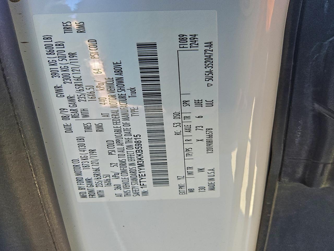 2019 Ford Transit T-150 VIN: 1FTYE1YM3KKB59815 Lot: 91193345