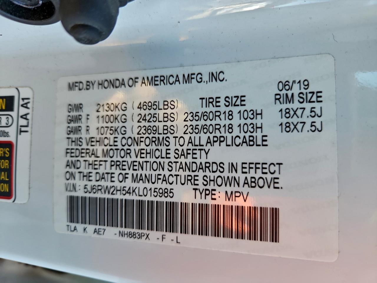 2019 Honda Cr-V Ex VIN: 5J6RW2H54KL015985 Lot: 94518275