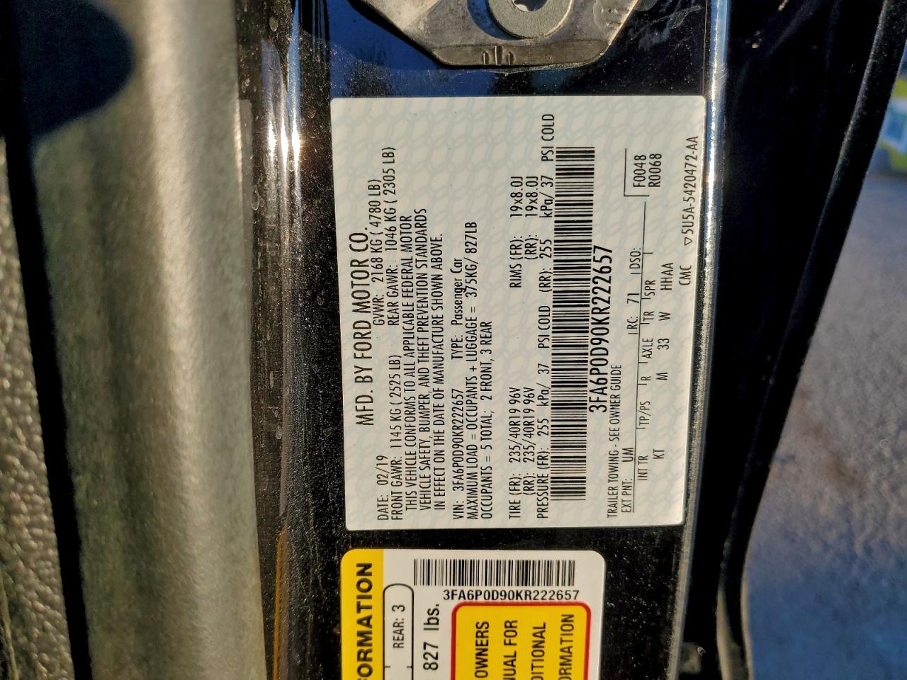 2019 Ford Fusion Titanium VIN: 3FA6P0D90KR222657 Lot: 94089425