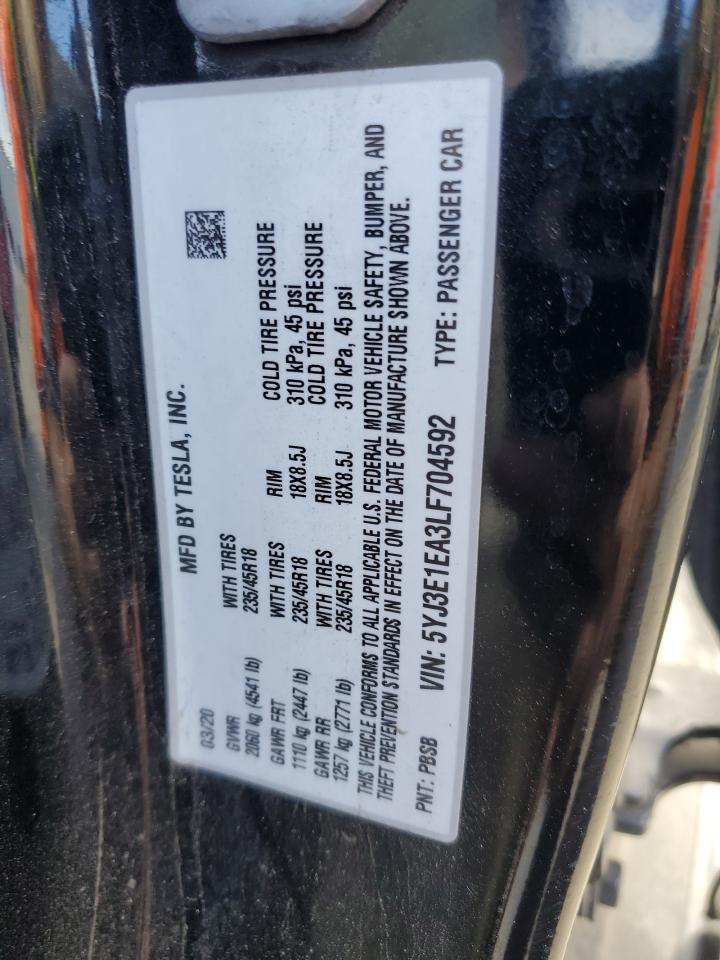2020 Tesla Model 3 VIN: 5YJ3E1EA3LF704592 Lot: 92622905