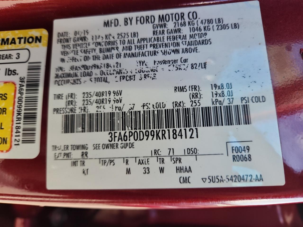 2019 Ford Fusion Titanium VIN: 3FA6P0D99KR184121 Lot: 92906615