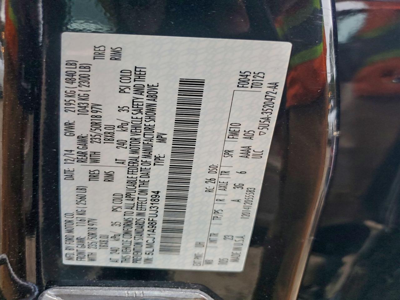 2015 Lincoln Mkc VIN: 5LMCJ1A98FUJ31894 Lot: 94482995