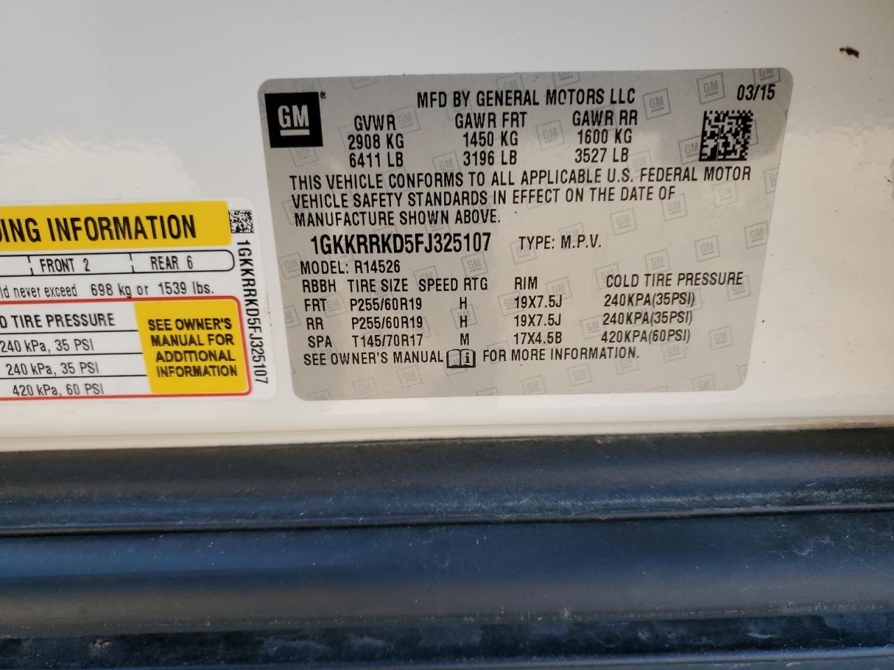 2015 GMC Acadia Slt-1 VIN: 1GKKRRKD5FJ325107 Lot: 91564845