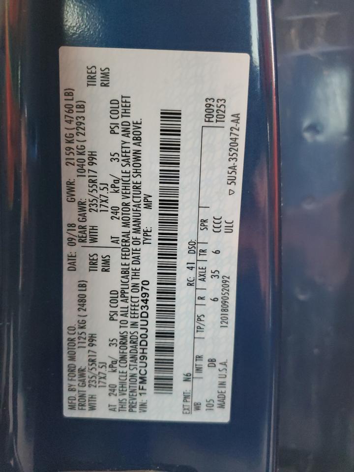 2018 Ford Escape Sel VIN: 1FMCU9HD0JUD34970 Lot: 92692485