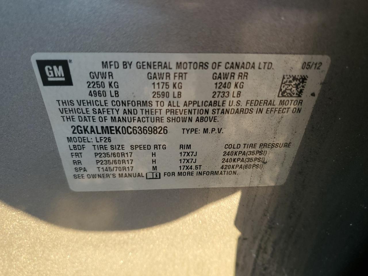 2012 GMC Terrain Sle VIN: 2GKALMEK0C6369826 Lot: 92300765