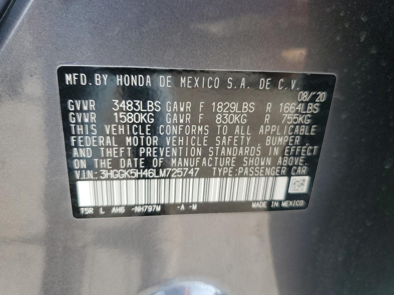 2020 Honda Fit Lx VIN: 3HGGK5H46LM725747 Lot: 91854685