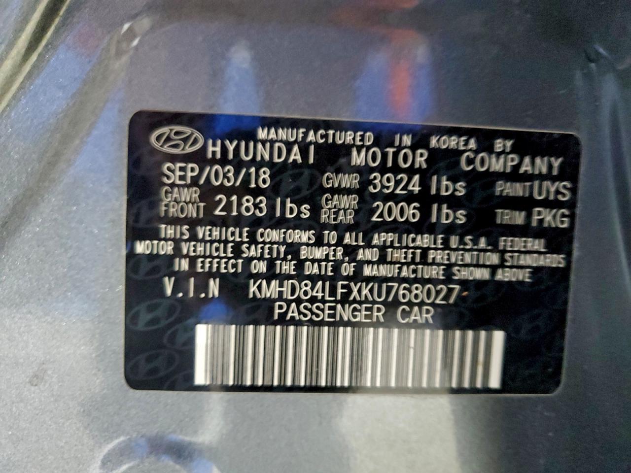 2019 Hyundai Elantra Sel VIN: KMHD84LFXKU768027 Lot: 94137305