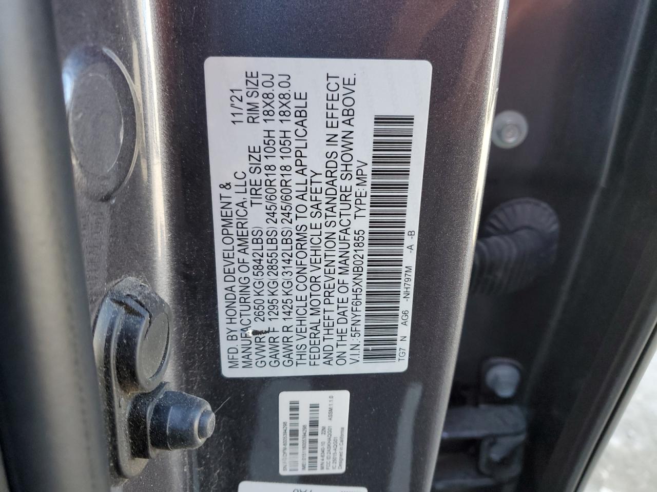 2022 Honda Pilot Exl VIN: 5FNYF6H5XNB021855 Lot: 92083735