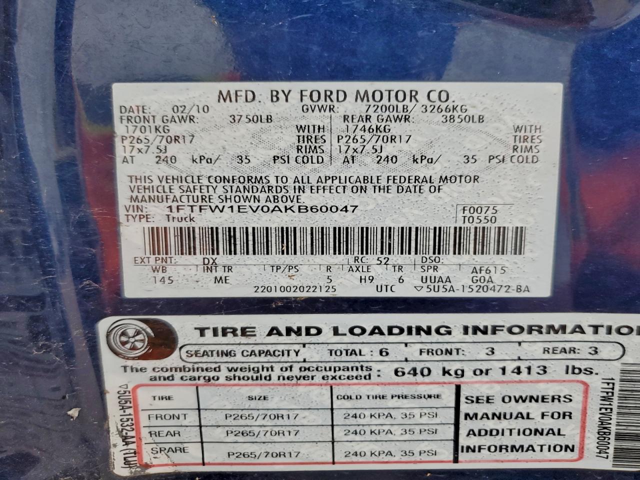 2010 Ford F150 Supercrew VIN: 1FTFW1EV0AKB60047 Lot: 93114375