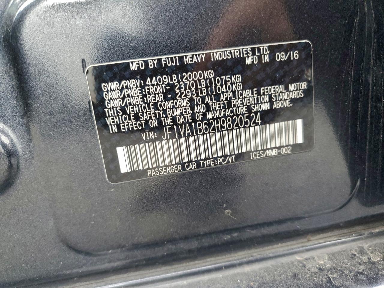 2017 Subaru Wrx VIN: JF1VA1B62H9820524 Lot: 92885185