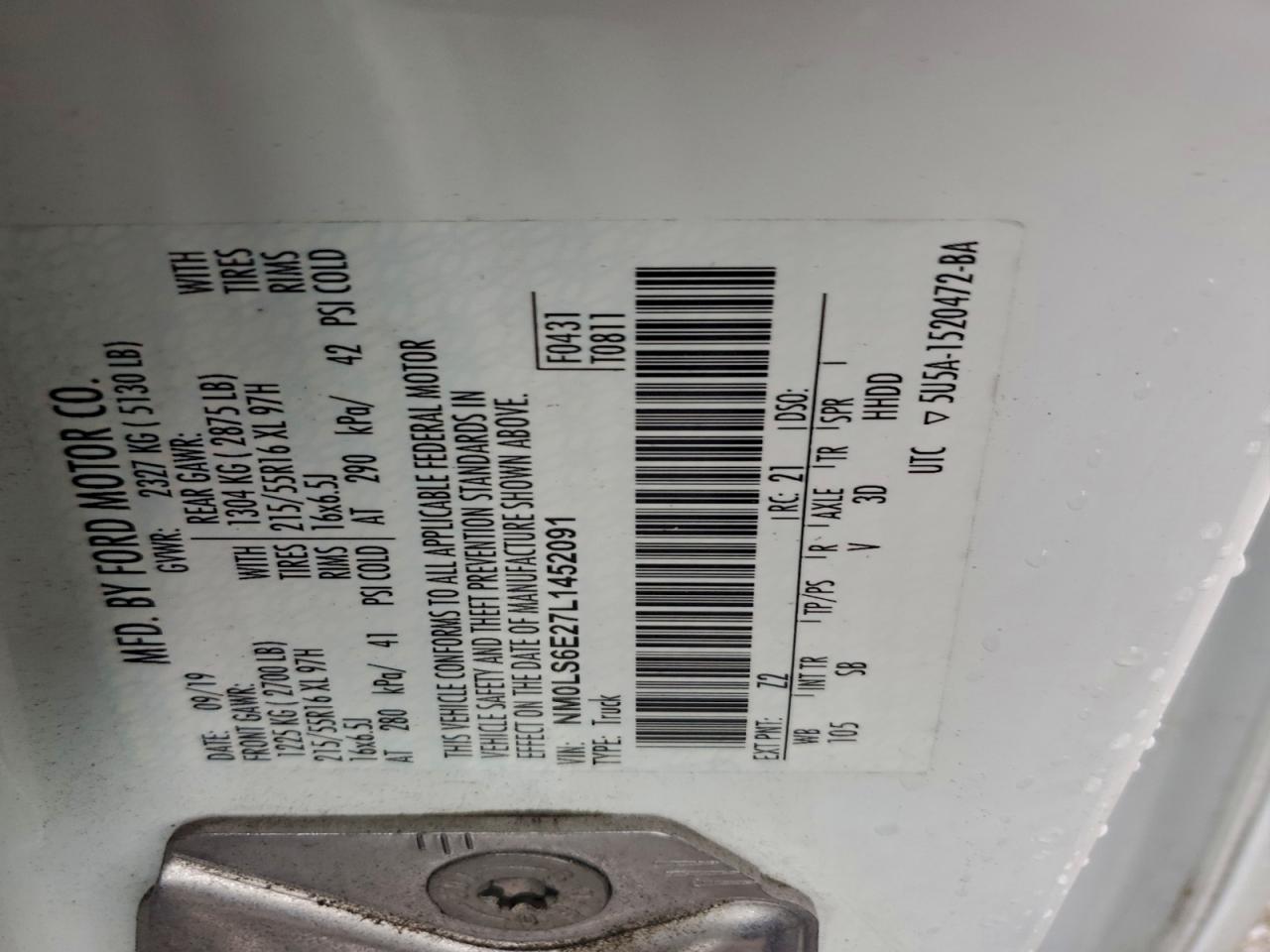 2020 Ford Transit Connect Xl VIN: NM0LS6E27L1452091 Lot: 94301755