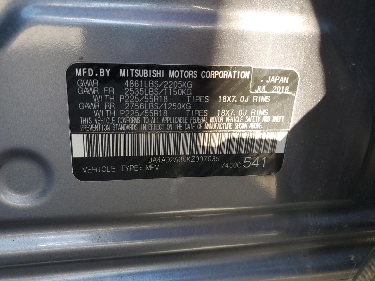 2019 Mitsubishi Outlander Es VIN: JA4AD2A30KZ007035 Lot: 89889015