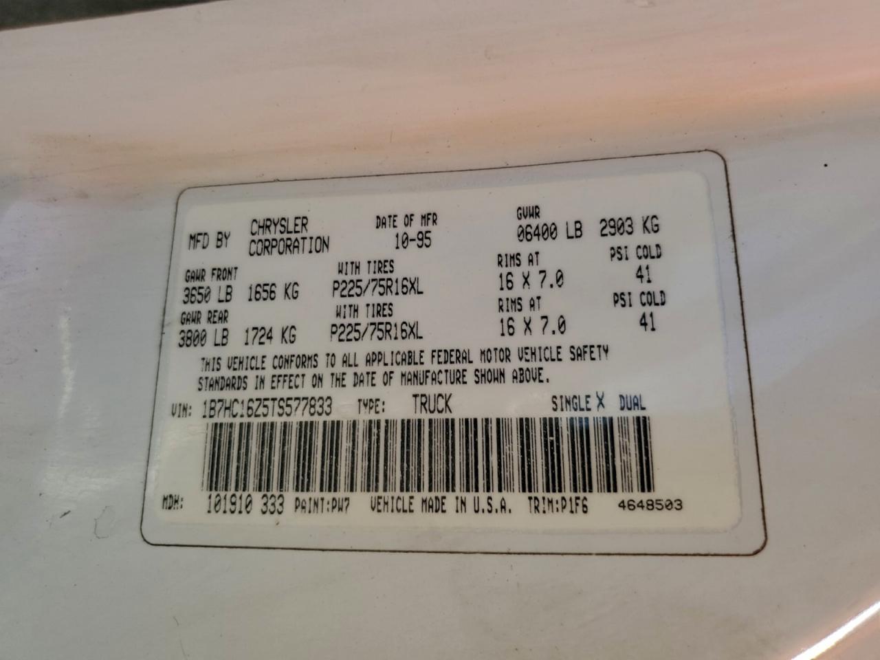 1996 Dodge Ram 1500 VIN: 1B7HC16Z5TS577833 Lot: 94765745