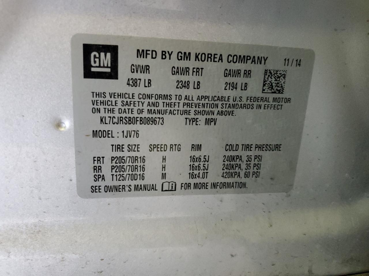 2015 Chevrolet Trax 1Lt VIN: KL7CJRSB0FB089673 Lot: 92831655