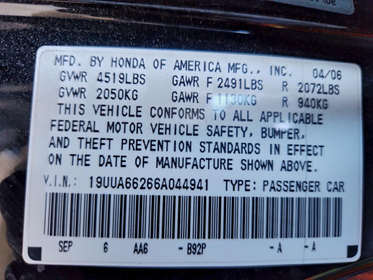 2006 Acura 3.2Tl VIN: 19UUA66266A044941 Lot: 94471365