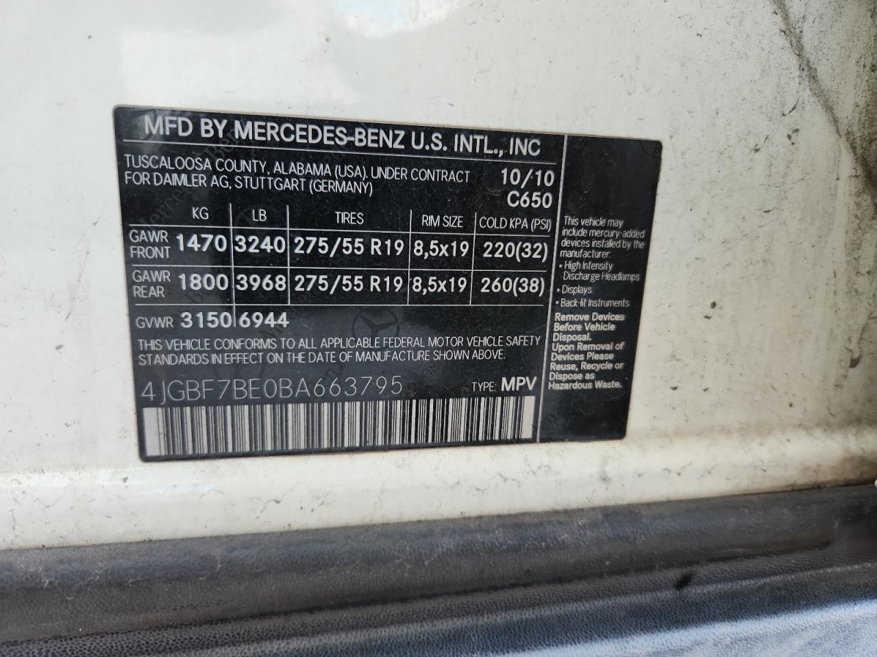 2011 Mercedes-Benz Gl 450 4Matic VIN: 4JGBF7BE0BA663795 Lot: 92089835