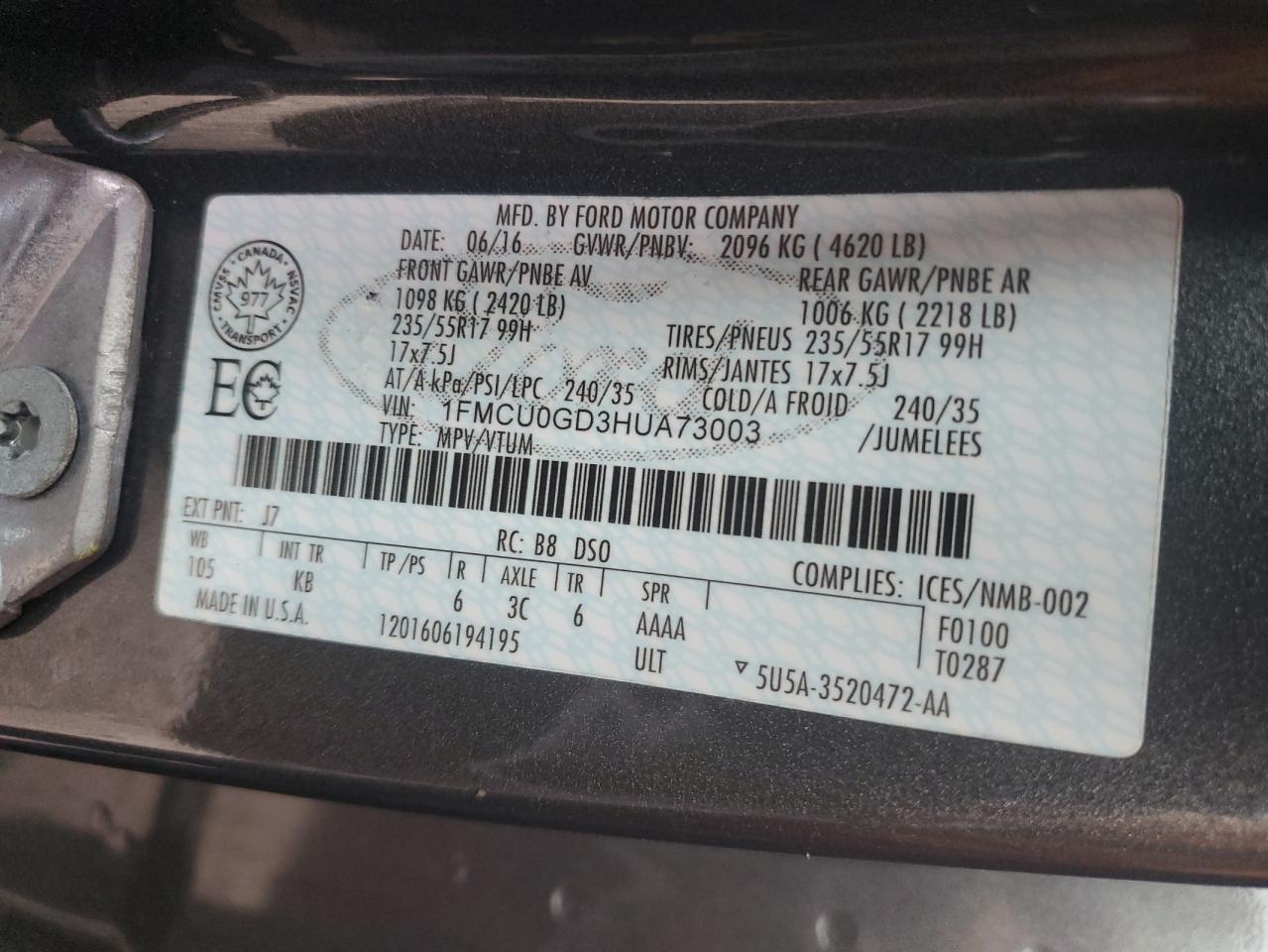 2017 Ford Escape Se VIN: 1FMCU0GD3HUA73003 Lot: 91994835