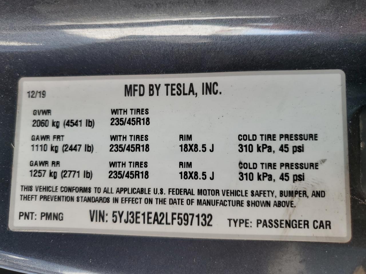2020 Tesla Model 3 VIN: 5YJ3E1EA2LF597132 Lot: 93011845