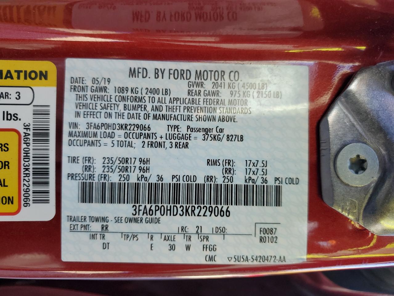 2019 Ford Fusion Se VIN: 3FA6P0HD3KR229066 Lot: 90900085