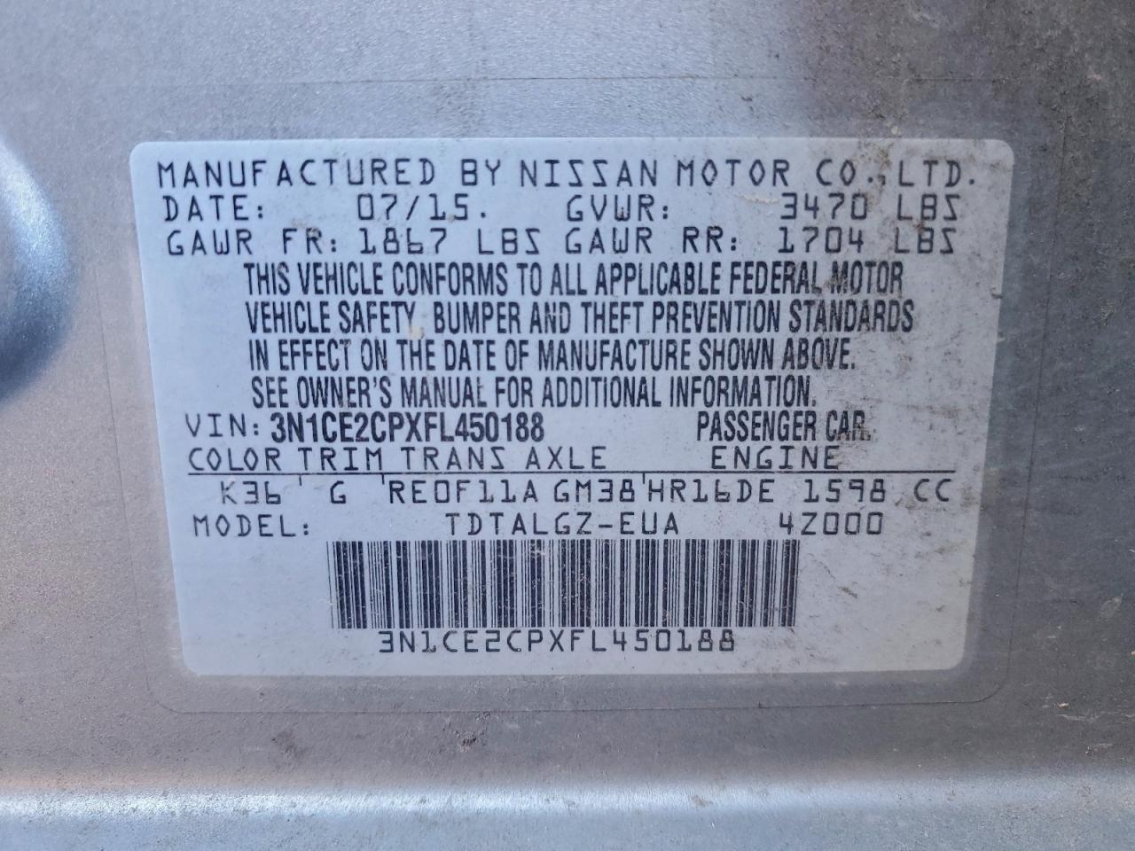 2015 Nissan Versa Note S VIN: 3N1CE2CPXFL450188 Lot: 93973225