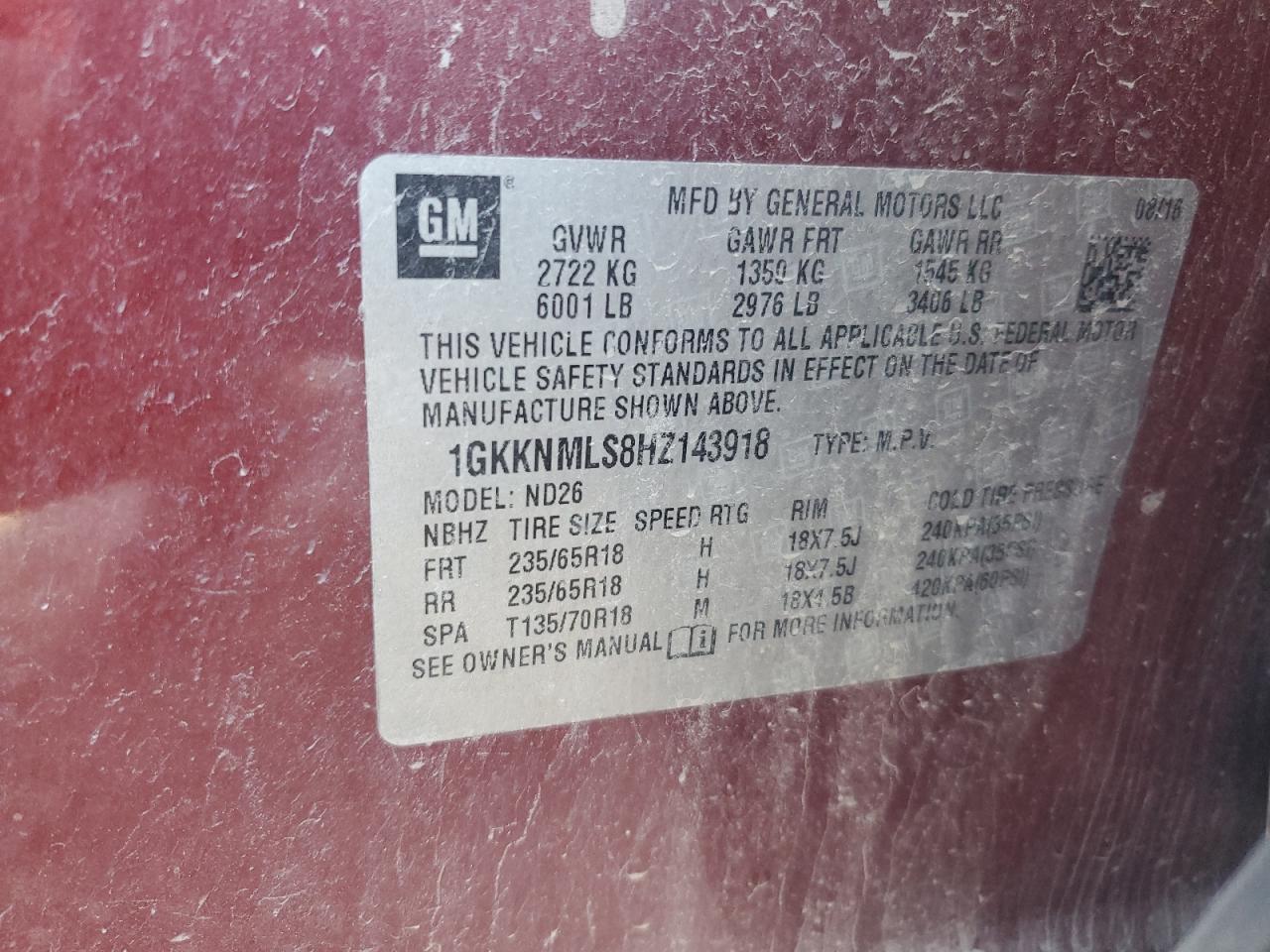 2017 GMC Acadia Slt-1 VIN: 1GKKNMLS8HZ143918 Lot: 92022215