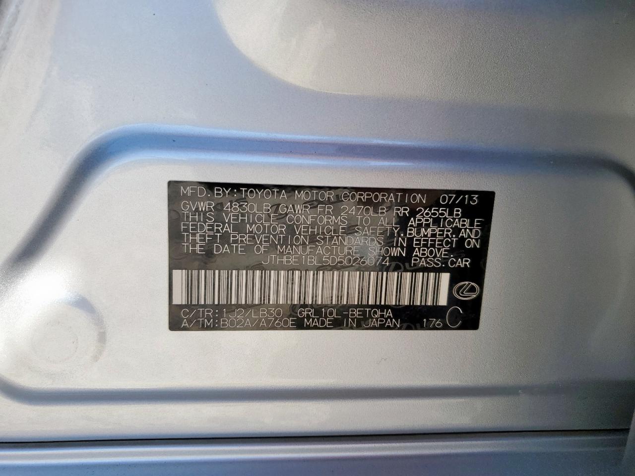 2013 Lexus Gs 350 VIN: JTHBE1BL5D5026074 Lot: 92113915