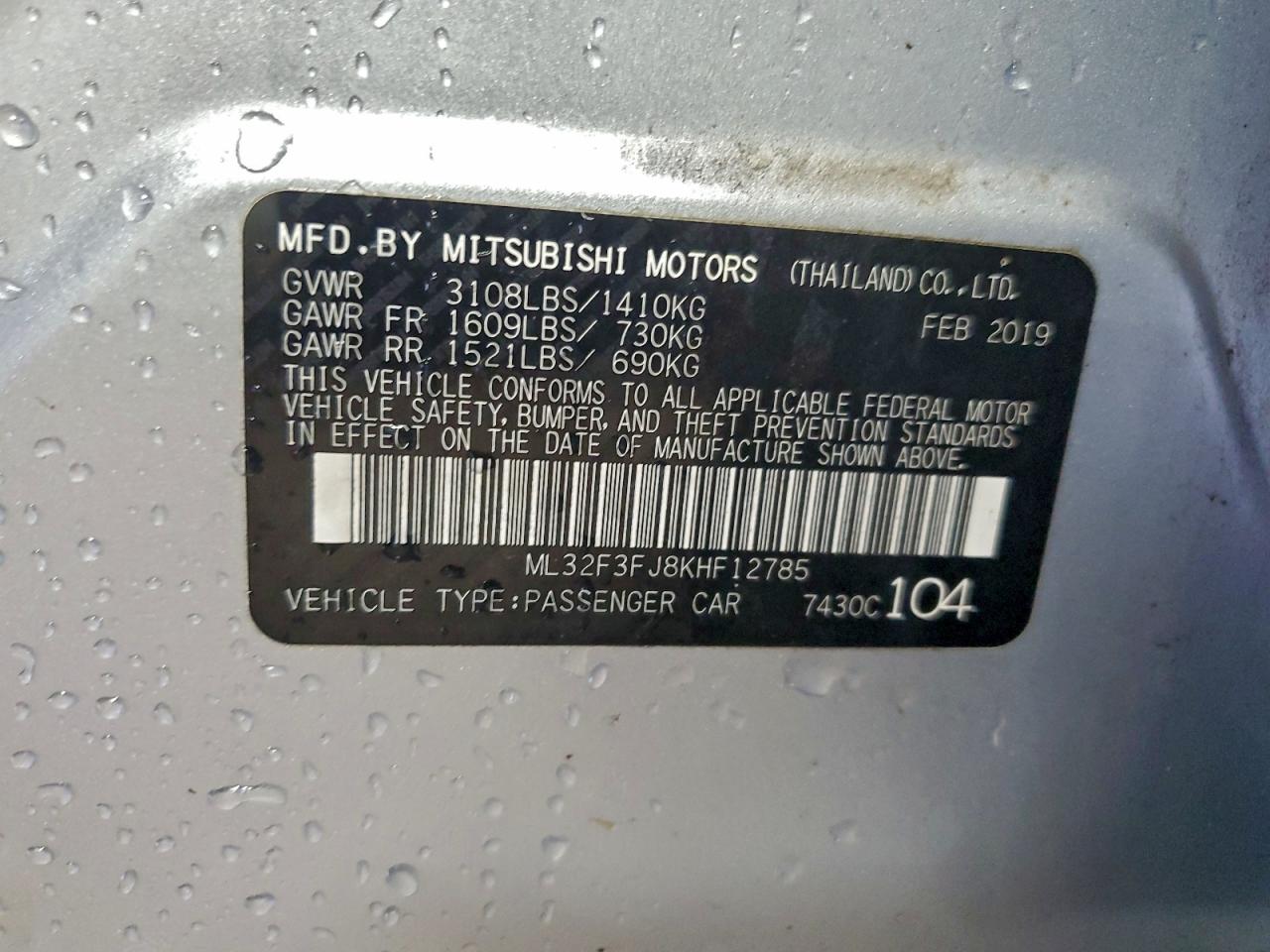2019 Mitsubishi Mirage G4 Es VIN: ML32F3FJ8KHF12785 Lot: 94049855