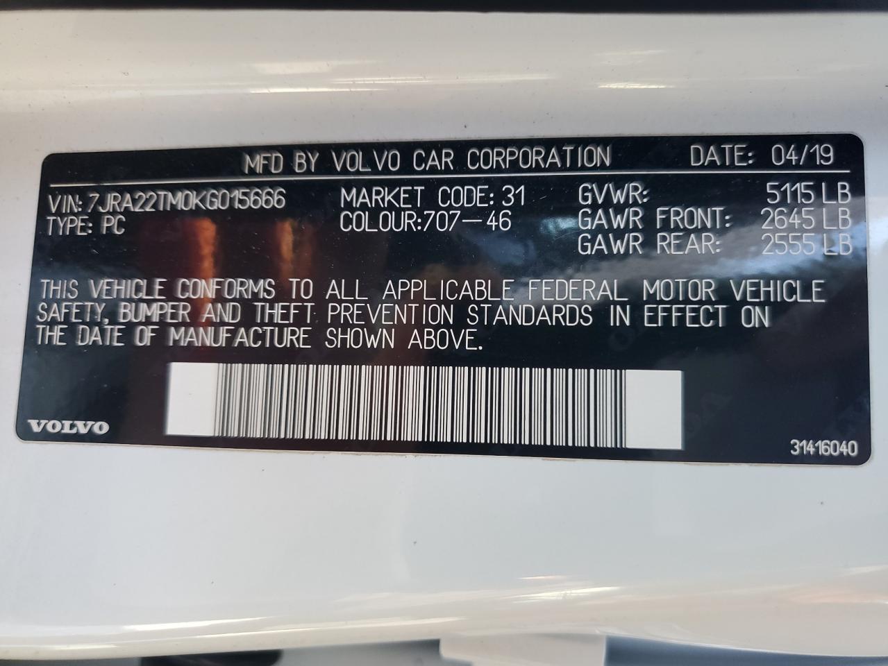 2019 Volvo S60 T6 R-Design VIN: 7JRA22TM0KG015666 Lot: 91688735