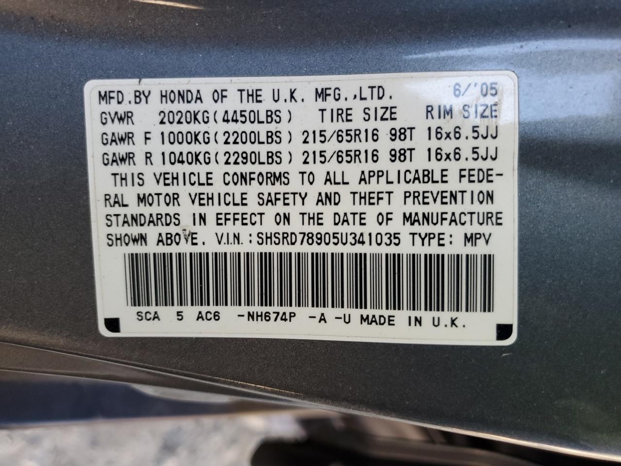 2005 Honda Cr-V Se VIN: SHSRD78905U341035 Lot: 92443545