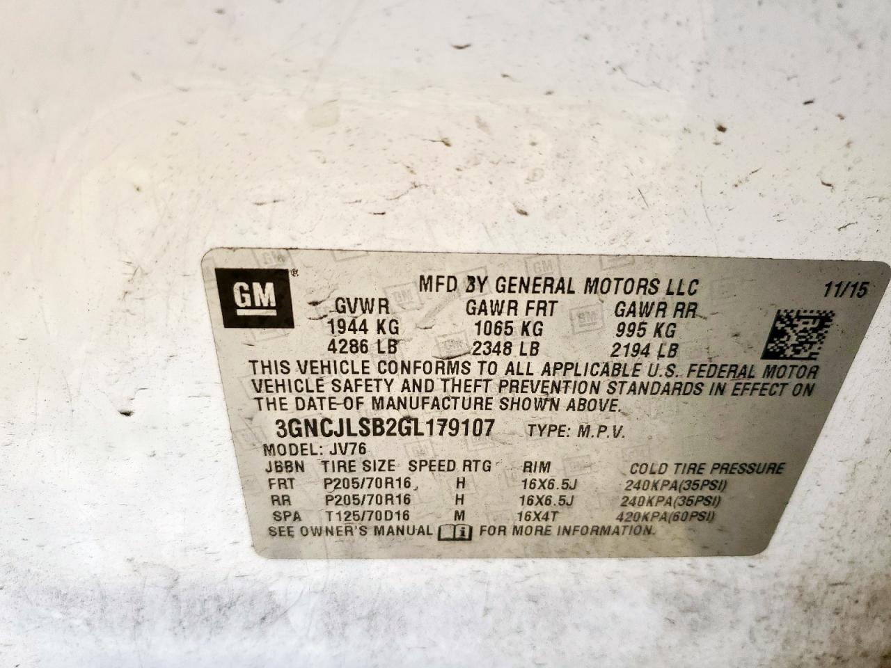 2016 Chevrolet Trax 1Lt VIN: 3GNCJLSB2GL179107 Lot: 91185905