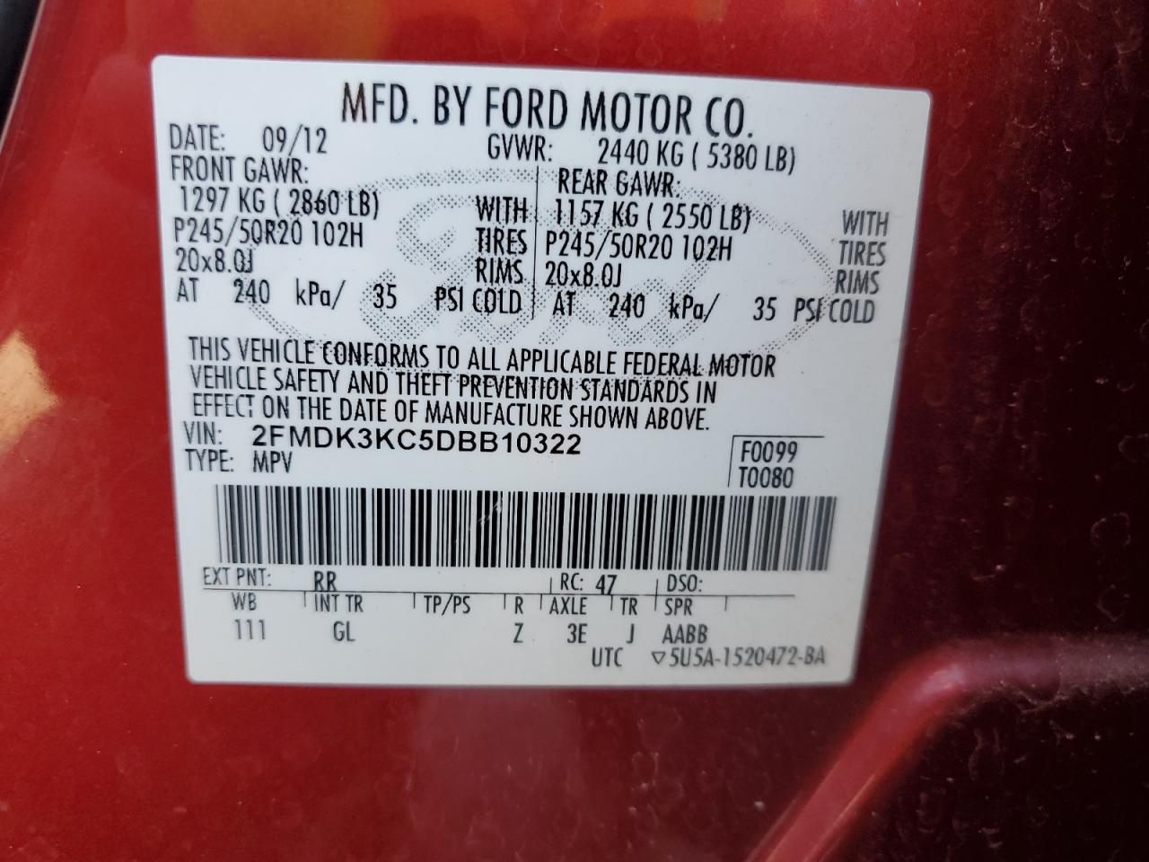 2013 Ford Edge Limited VIN: 2FMDK3KC5DBB10322 Lot: 92678005