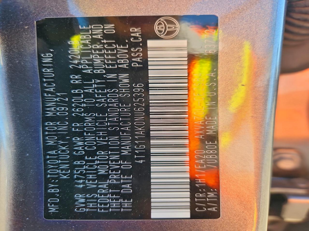 2022 Toyota Camry Se VIN: 4T1G11AK0NU625396 Lot: 93212325