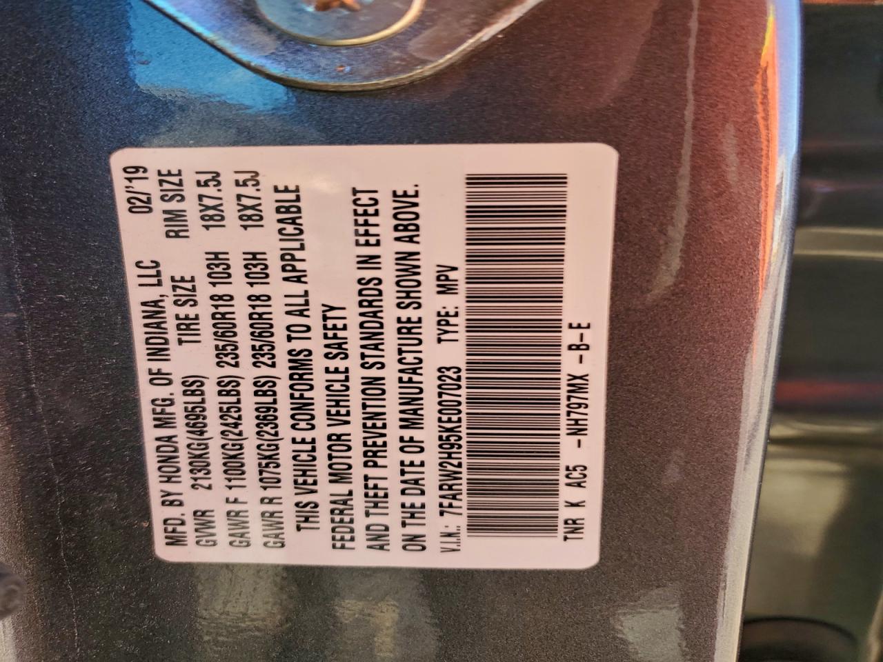 2019 Honda Cr-V Touring VIN: 7FARW2H95KE007023 Lot: 94706195