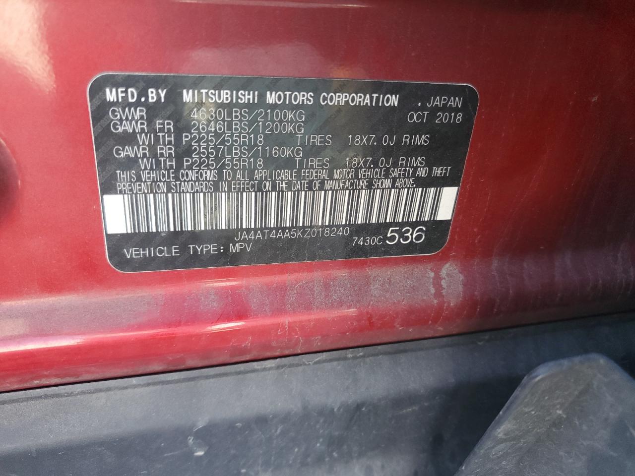 2019 Mitsubishi Eclipse Cross Le VIN: JA4AT4AA5KZ018240 Lot: 92230535