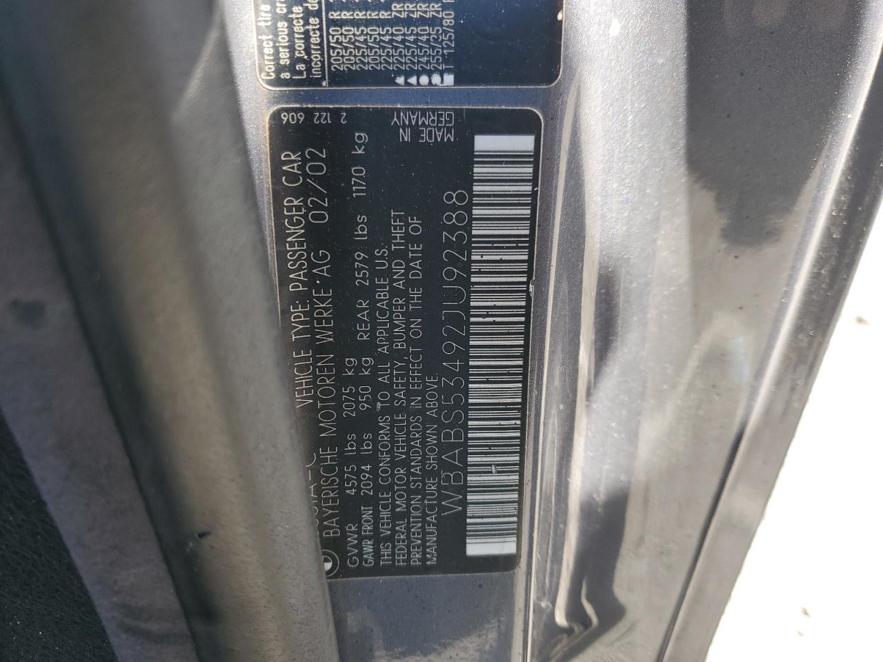 2002 BMW 330 Ci VIN: WBABS53492JU92388 Lot: 93334725