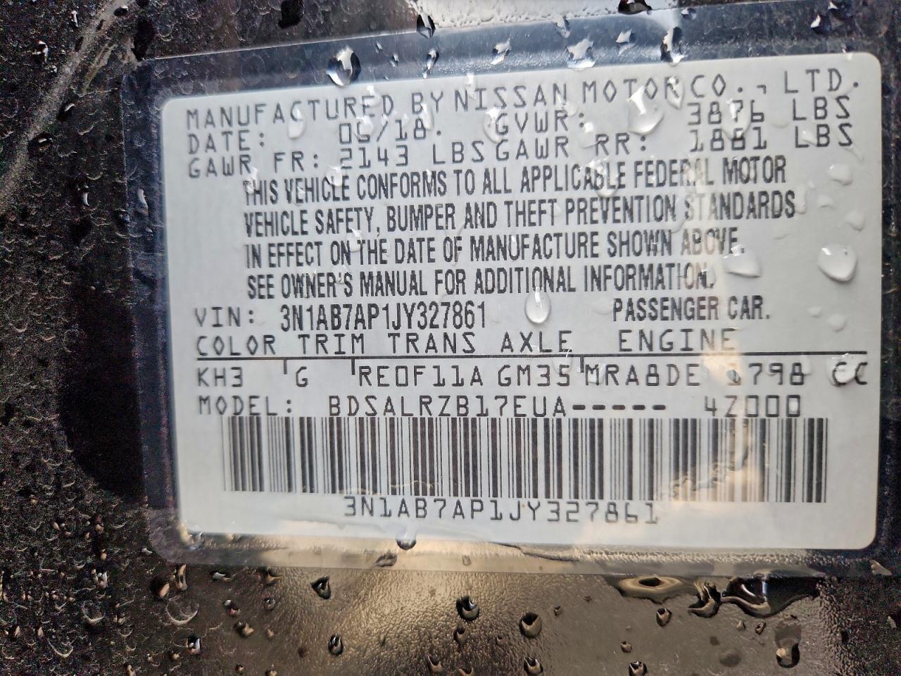 2018 Nissan Sentra S VIN: 3N1AB7AP1JY327861 Lot: 94438695