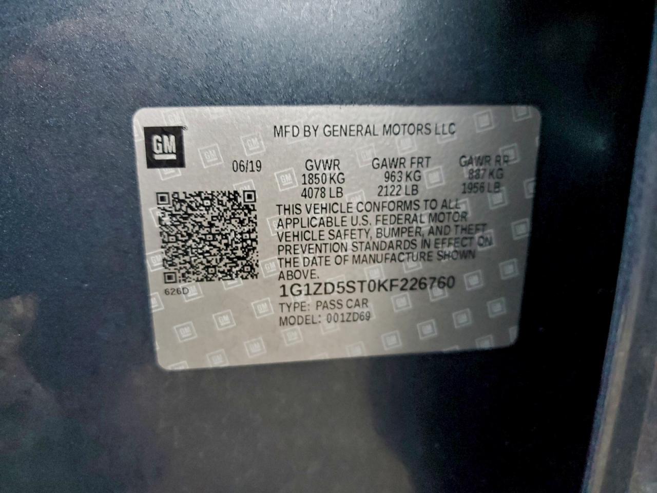 2019 Chevrolet Malibu Lt VIN: 1G1ZD5ST0KF226760 Lot: 94412395