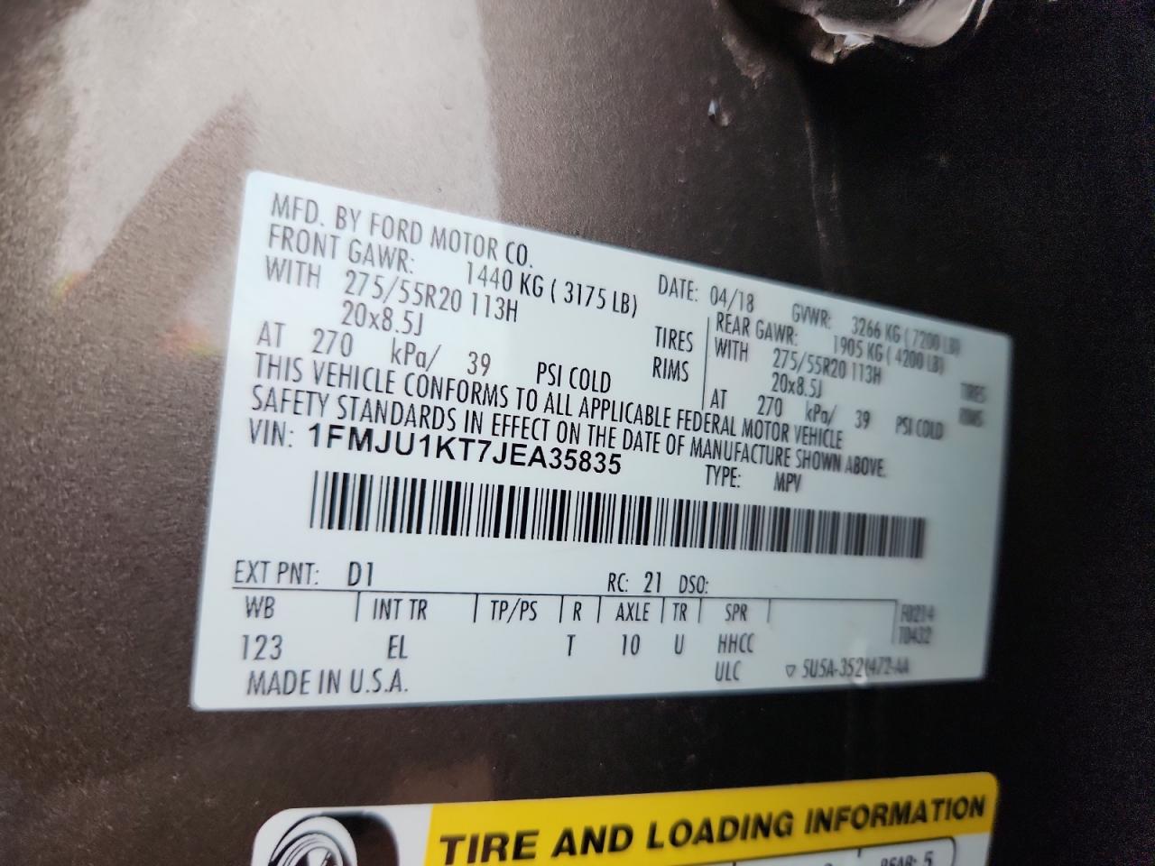 2018 Ford Expedition Limited VIN: 1FMJU1KT7JEA35835 Lot: 93626205