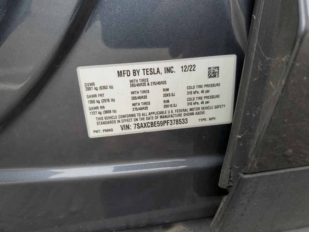 2023 Tesla Model X VIN: 7SAXCBE59PF378533 Lot: 91136235