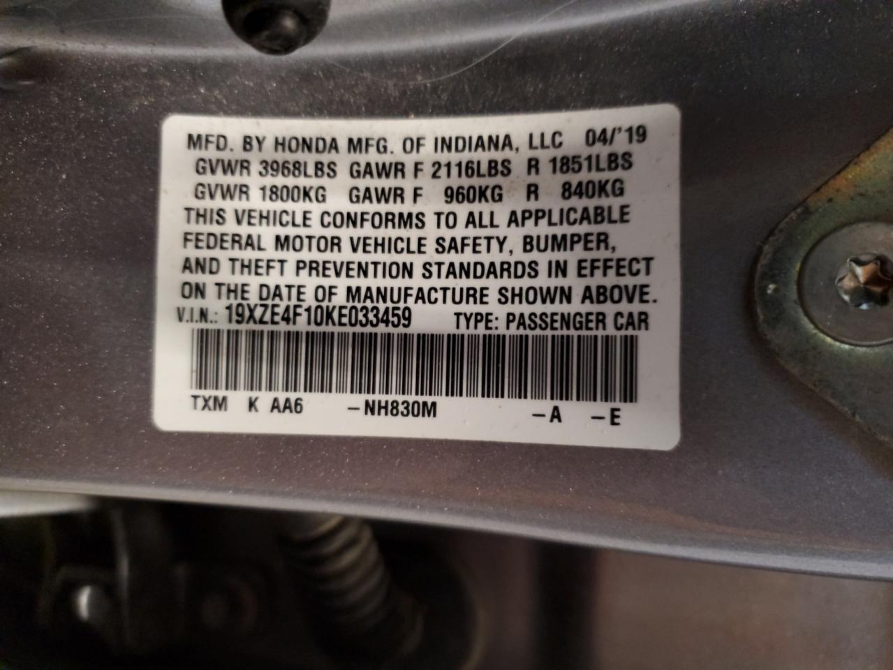 2019 Honda Insight Lx VIN: 19XZE4F10KE033459 Lot: 93142955