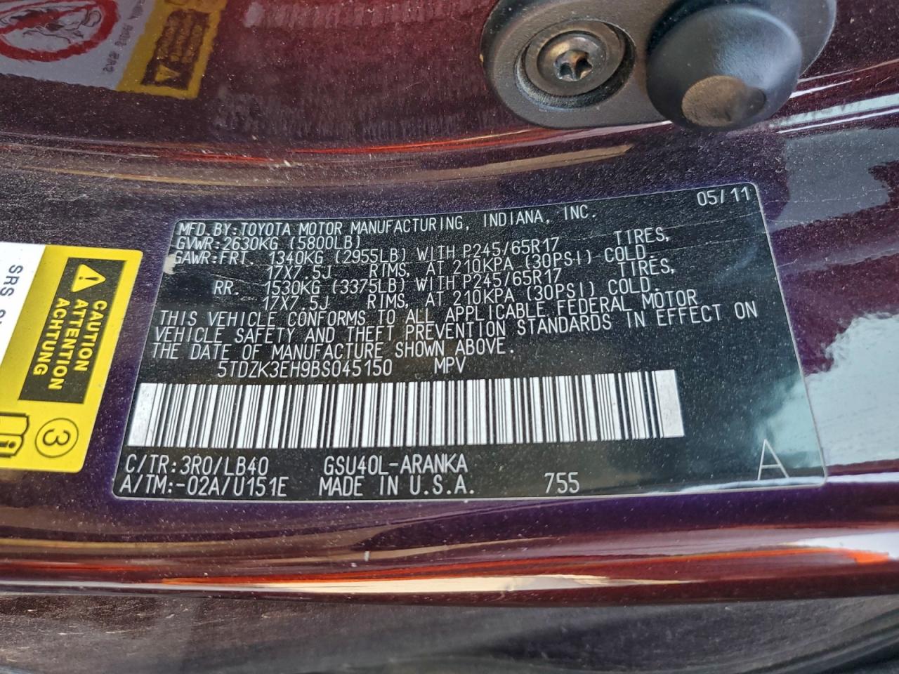 2011 Toyota Highlander Base VIN: 5TDZK3EH9BS045150 Lot: 93417515